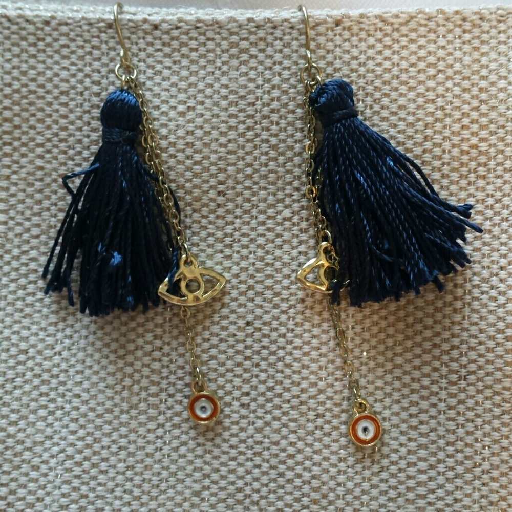 Blue Tassel Earrings with Chain Dangles